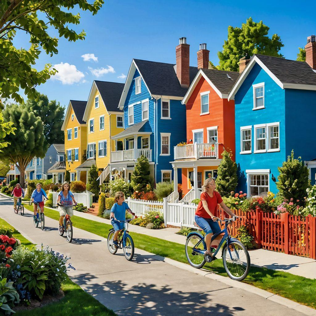 A vibrant neighborhood scene showcasing diverse, colorful houses with lush gardens and smiling families enjoying quality time outside. Include playful children riding bicycles, pets frolicking, and saluting neighbors, all under a clear blue sky. Emphasize a sense of community and happiness in the real estate landscape. vibrant colors. super-realistic. cheerful atmosphere.