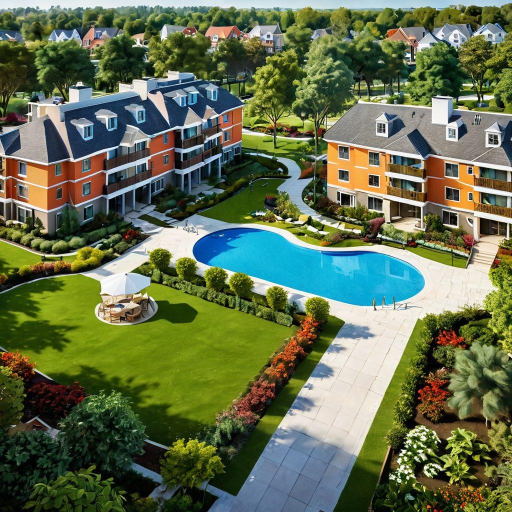 A serene landscape showcasing a beautifully developed residential community, with vibrant gardens and joyful families enjoying their homes. Include a diverse group of people smiling and interacting in leisure spaces, such as parks and playgrounds. Visual elements should emphasize harmony between nature and modern living, showcasing cozy homes and lush greenery. super-realistic. vibrant colors. 3D.
