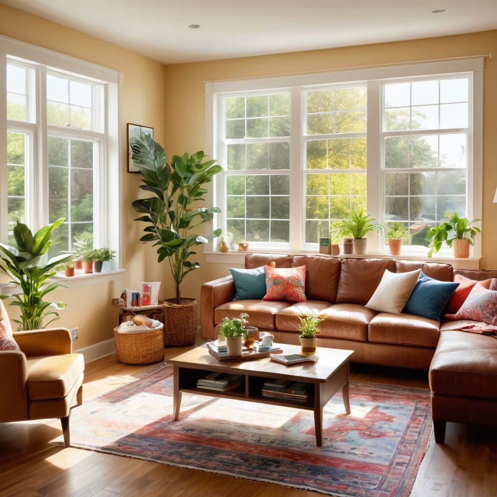 A warm, inviting living room with a cozy couch and sunlight streaming through big windows, showcasing a 'For Sale' sign in the background. Include a happy family looking at a laptop, discussing real estate listings, with colorful property flyers scattered on the table. Add a subtle, welcoming ambiance with plants and decor that suggest comfort and homeownership. super-realistic. vibrant colors. bright atmosphere.